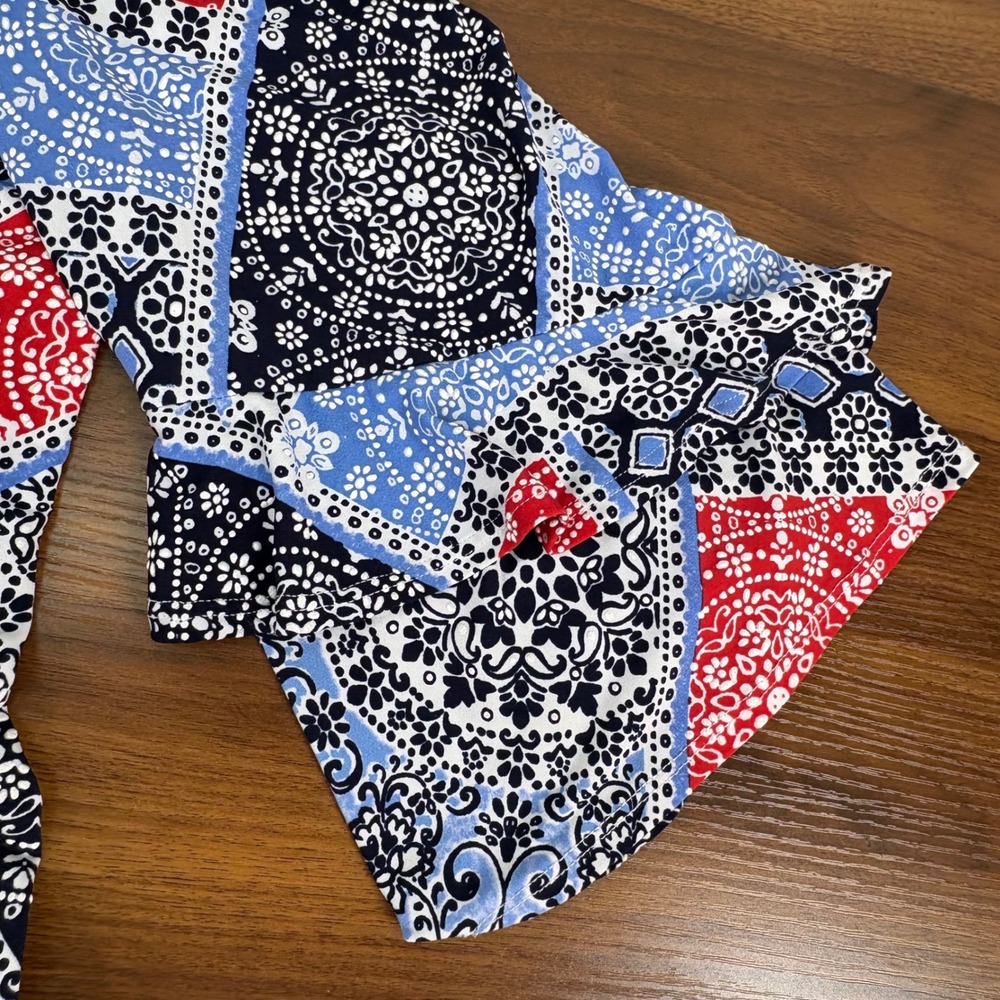 Ruby Rd Womens 3/4 Tiered Flounce Sleeve Bandana Patchwork Top Red Blue L Boho - Picture 4 of 11